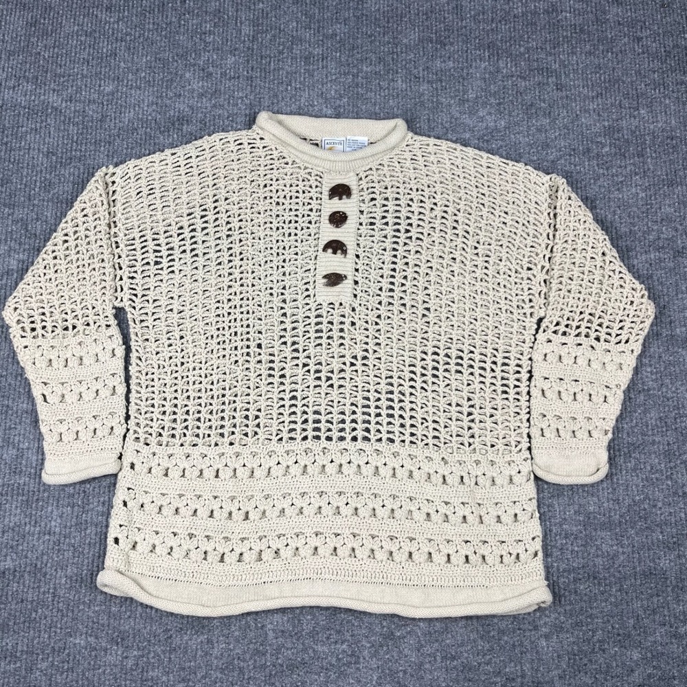 Vtg 90s Sweater Womens M Ramie Cotton Roll Neck Crochet Animal Wooden Buttons